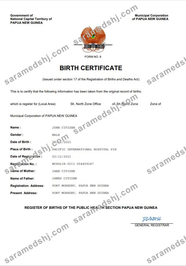 Papua New Guinea vital record birth certificate Word and PDF template